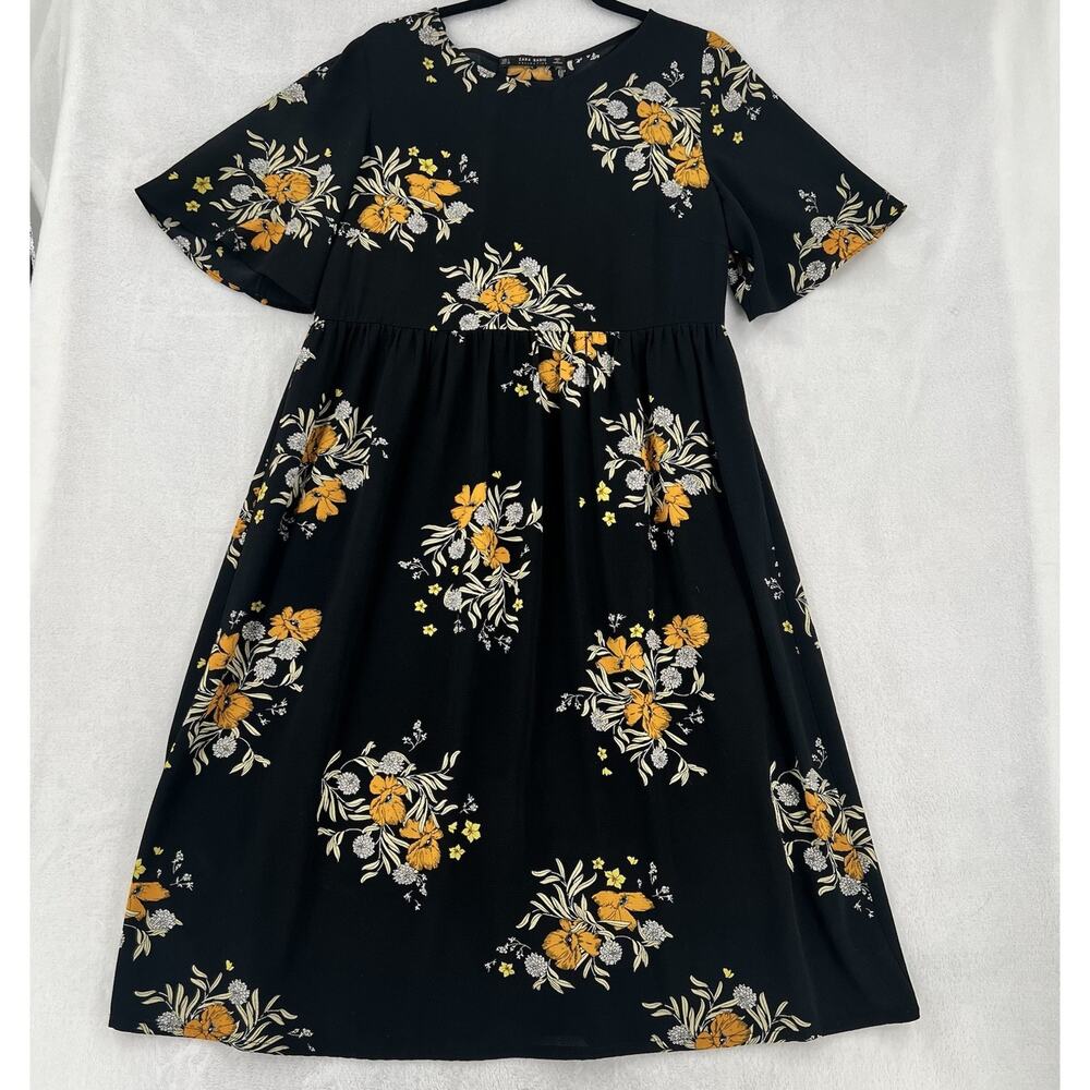 ZARA Floral Lace Up Back Babydoll Midi Stretch Dress Short Sleeve L Black Orange